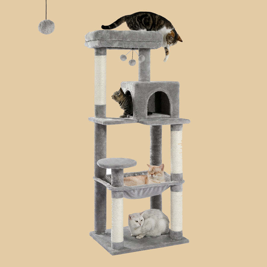 PEQULTI Cat Tree For Large Cats - 56.3" Multi-Level Tower With Hammock, Condo, Scratching Posts, Grey