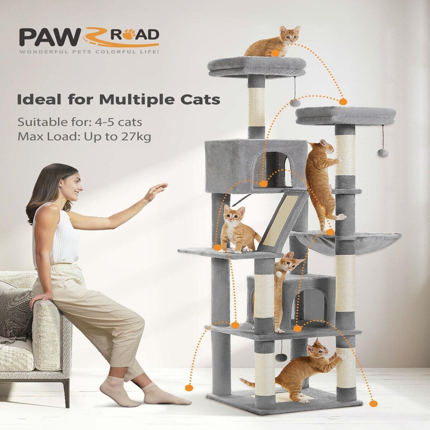 180cm Large Cat Tree For Indoor Cats, Multi-Level Cat Tower Cat Scratching Post With 2 Perches, 2 Condos, Hammock And 2 Pompoms Grey