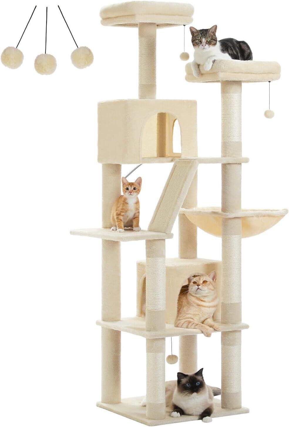 180cm Large Cat Tree For Indoor Cats, Multi-Level Cat Tower Cat Scratching Post With 2 Perches, 2 Condos, Hammock And 2 Pompoms Grey