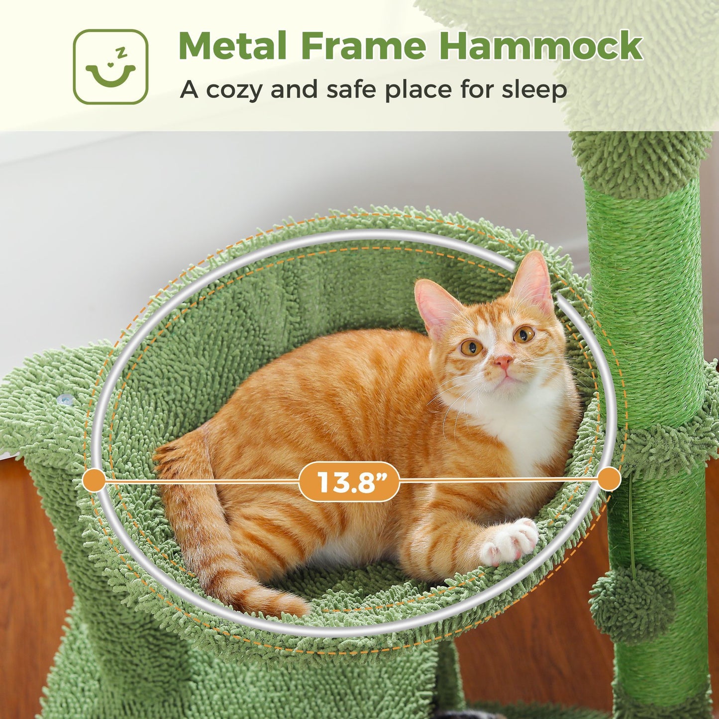 Cactus Cat Tree Condo 39.4 Inch With Hammock, Tall Sisal Scratching Post For Indoor Medium Cats, Green