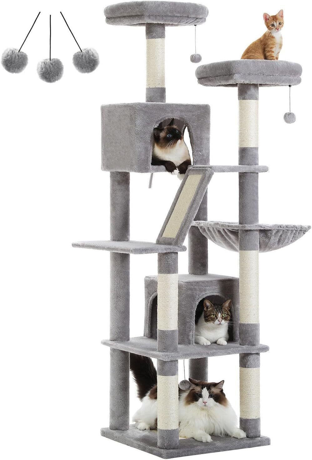 180cm Large Cat Tree For Indoor Cats, Multi-Level Cat Tower Cat Scratching Post With 2 Perches, 2 Condos, Hammock And 2 Pompoms Grey