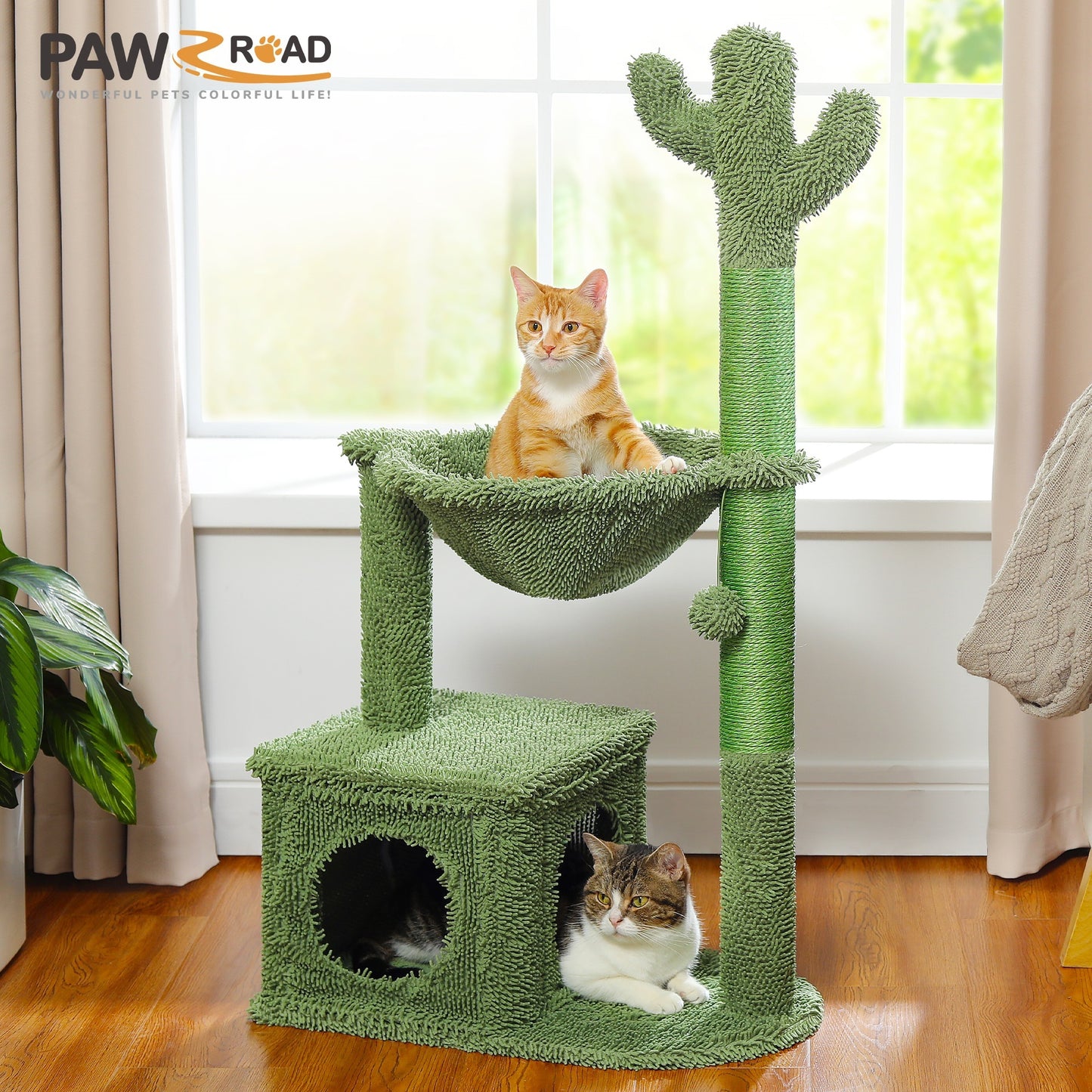 Cactus Cat Tree Condo 39.4 Inch With Hammock, Tall Sisal Scratching Post For Indoor Medium Cats, Green